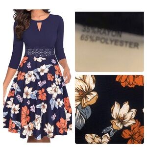 NEW Round Neck 3/4 Sleeve A Line Cocktail Swing Flared Dress XL